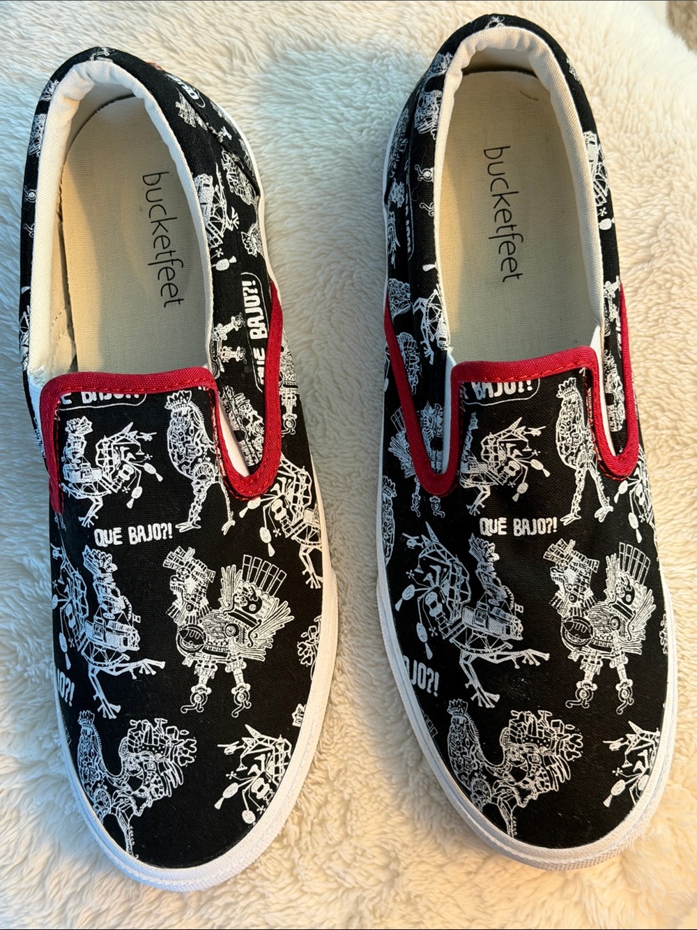 Bucket Feet Kids Black & White Slip-On Sneakers with Red Trim Accent